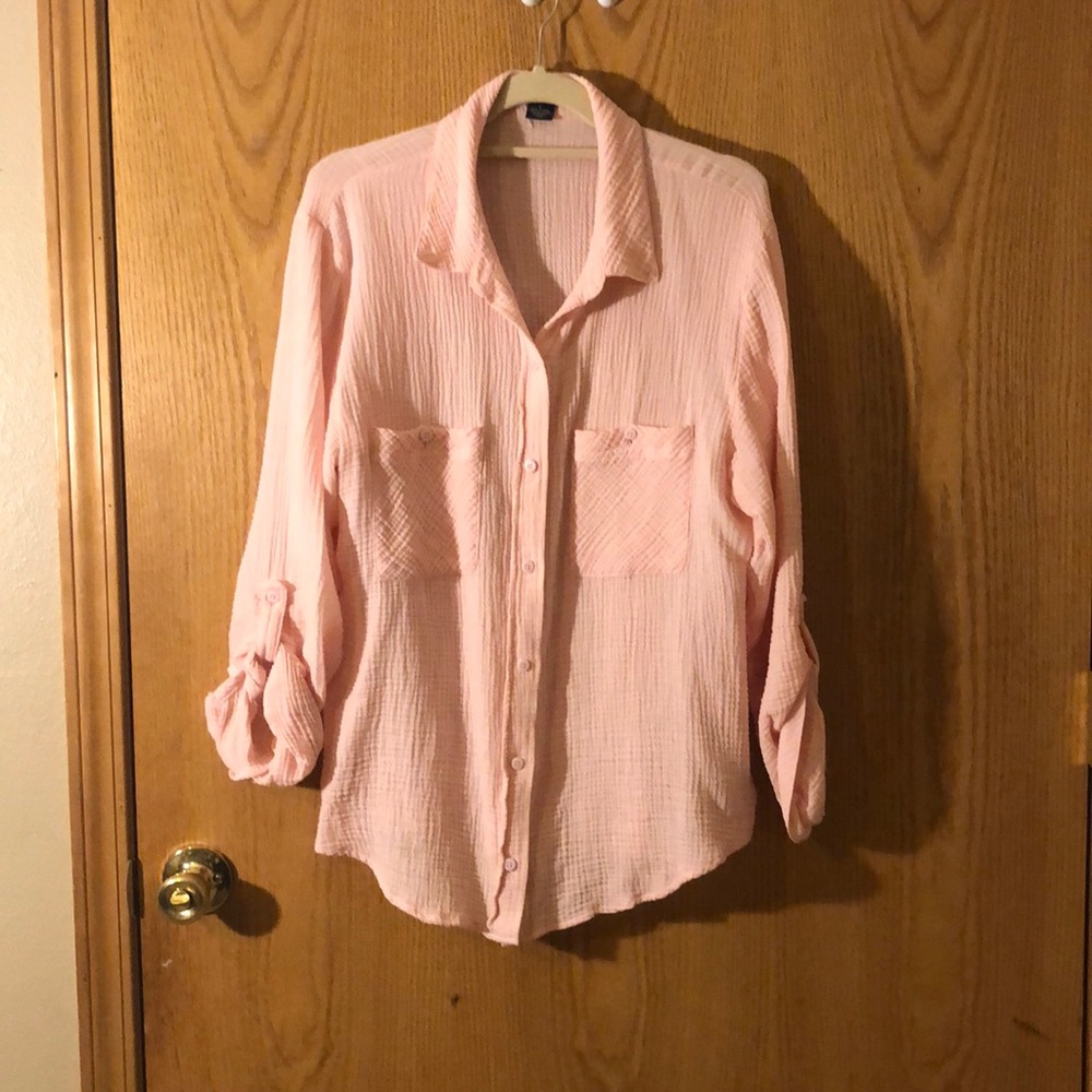 Light pink sheer button down shirt